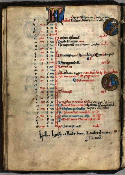 Kalender aus dem 13. Jh. mit Verzeichnis der Feiertage